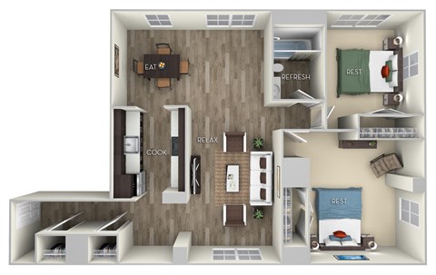 Floor plan for 2 beds, 1 bath, 747 sqft